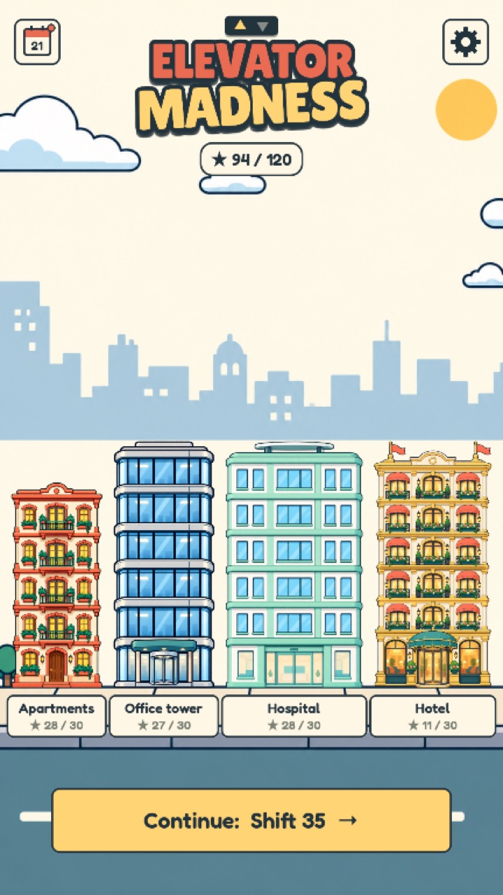 City street with four buildings and the star total