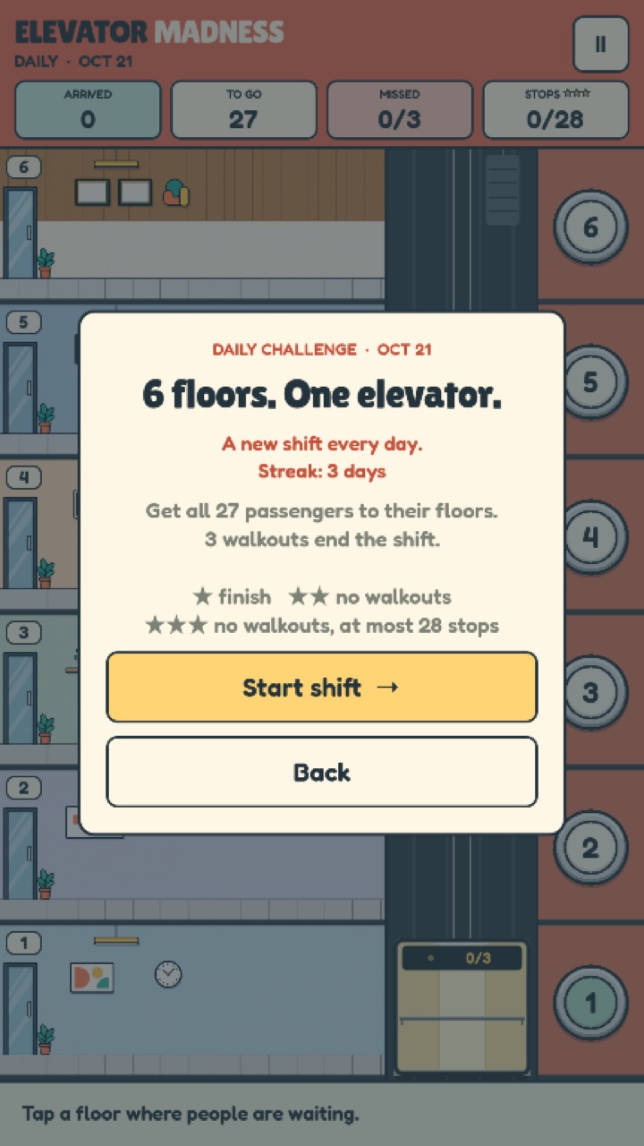 Daily challenge card with the day's goal and star rules